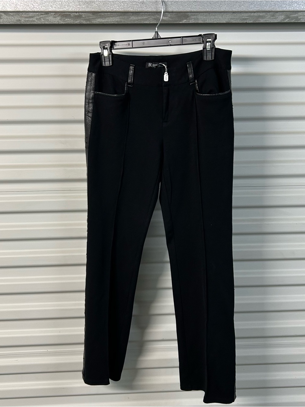 INC International Concepts Black Straight Leg Ponte Pants with Faux Leather Trim
